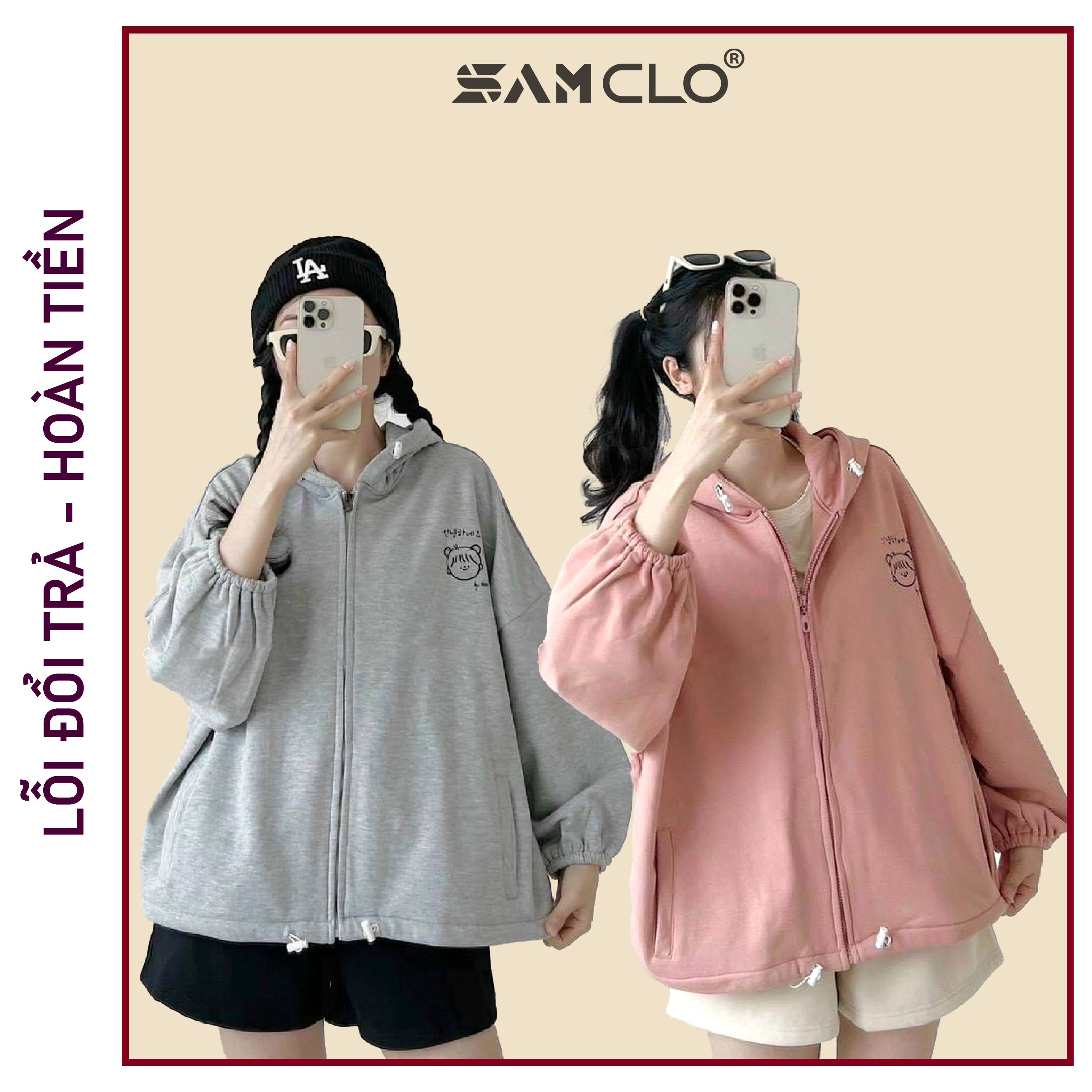 ÁO KHOÁC NỈ SAM CLO nữ freesize hoodie có khóa kéo tay dài thu đông dáng unisex in hình MẶT CẬU BÉ CƯỜI