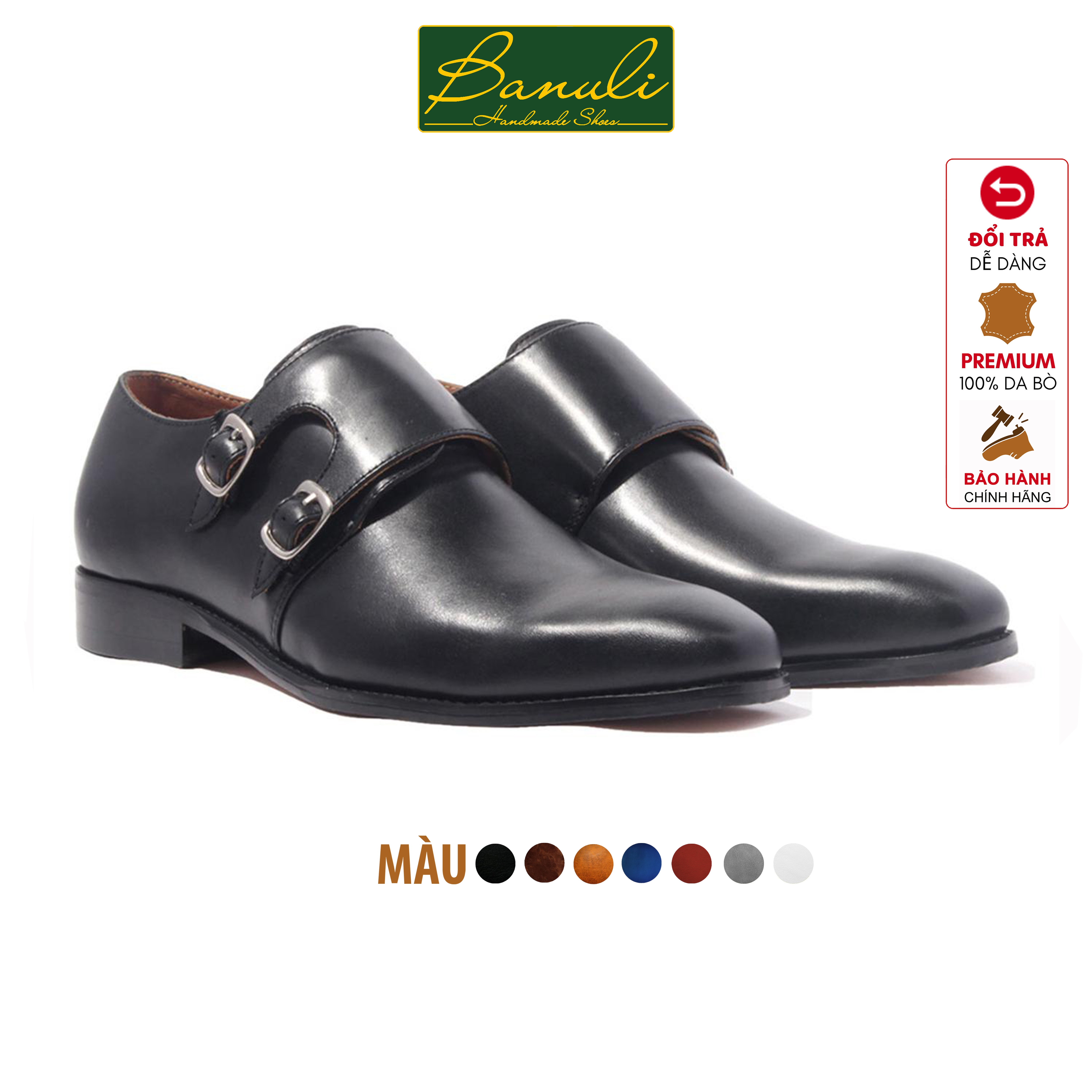 Giày Tây Nam Công Sở Khoá Cài Banuli  Da Bê Italian Double Monk Strap H1DS2 (Da Veg Itali Mềm Dẻo, Đế Siêu nhẹ, Bảo Hành Trọn Đời)
