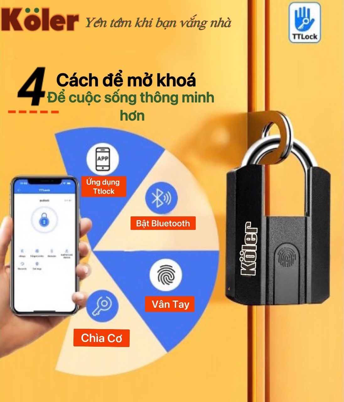 Khóa Móc Vân Tay KOLER. Mở Bằng APP, Vân tay và Chìa cơ. Chống Nước Và Quản Lý Mở cửa.