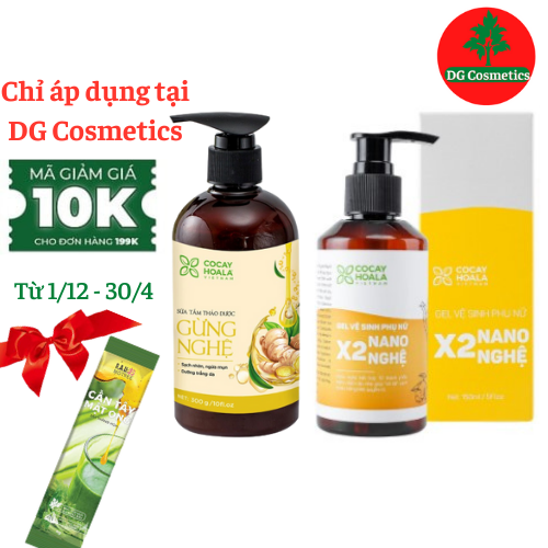 Sữa tắm thảo dược Gừng Nghệ Cocayhoala Phòng Cảm, Tránh Gió, Dưỡng Da và Dung Dịch Vệ Sinh Gel X2 Nano Nghệ Tặng Kèm Bột Cần Tây Mật Ong Motree