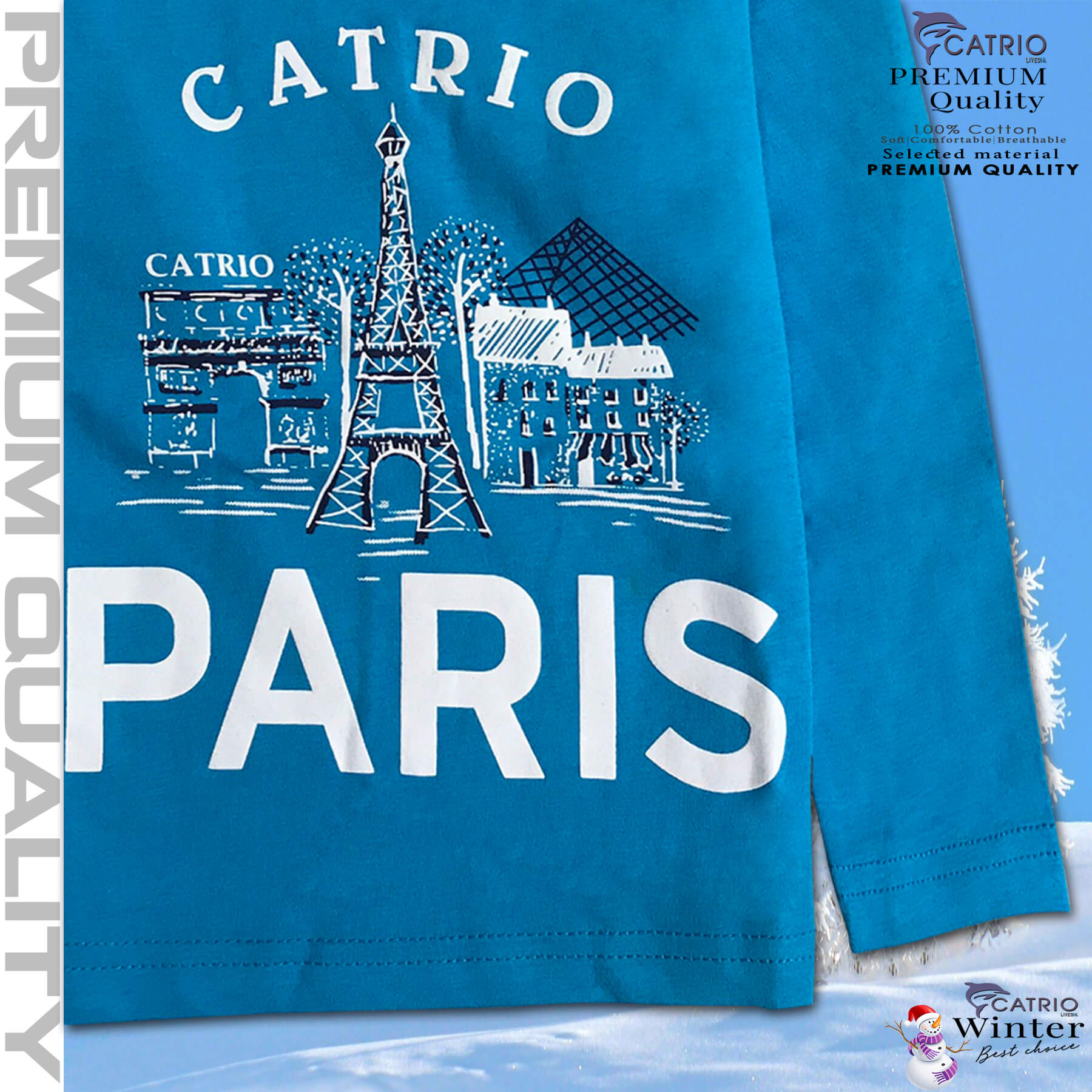 ÁO THUN DÀI TAY BÉ TRAI CATRIO in PARIS màu XANH BIỂN là áo phông tay dài trẻ em từ 8kg 10kg 12 kg .. 23kg (6 tuổi) cổ tròn vải dệt kim co giãn 4 chiều + quần dài cotton thành bộ đồ thu đông cho bé rất đẹp