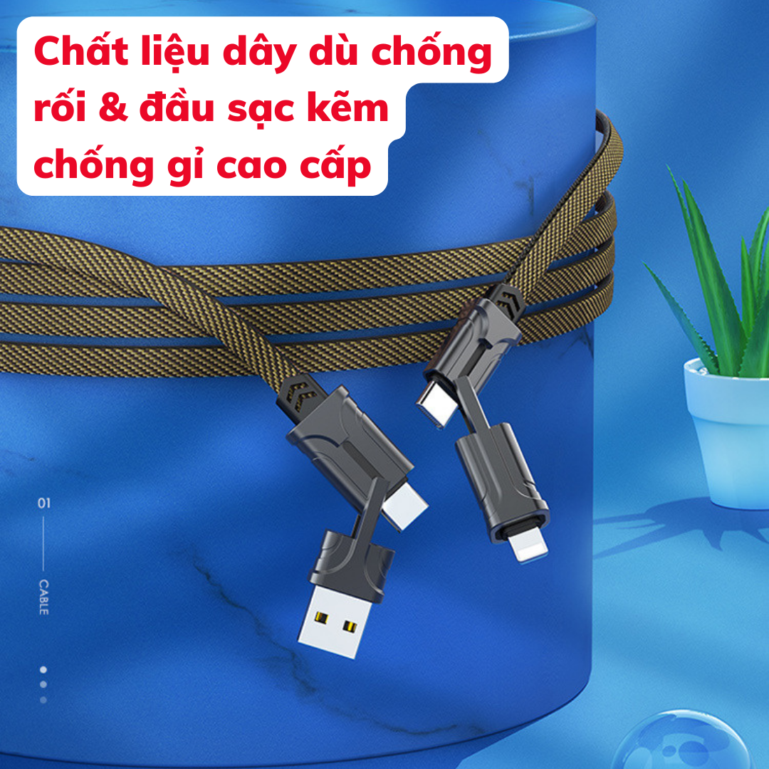 Dây Sạc Nhanh 4 Trong 1 TYPE-C &amp; USB hỗ trợ sạc laptop, 1pad, 1phone - Cáp sạc nhanh 3 đầu dài 1.2m