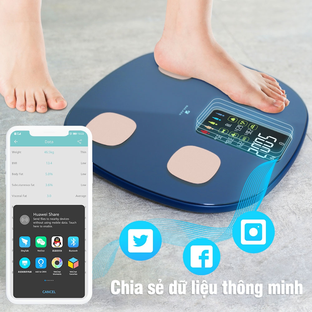 Cân Điện Tử Thông Minh cao cấp chính hãng Sailaza SA- 1211, đo 22 dữ liệu Sức Khỏe + màn hình màu LCD