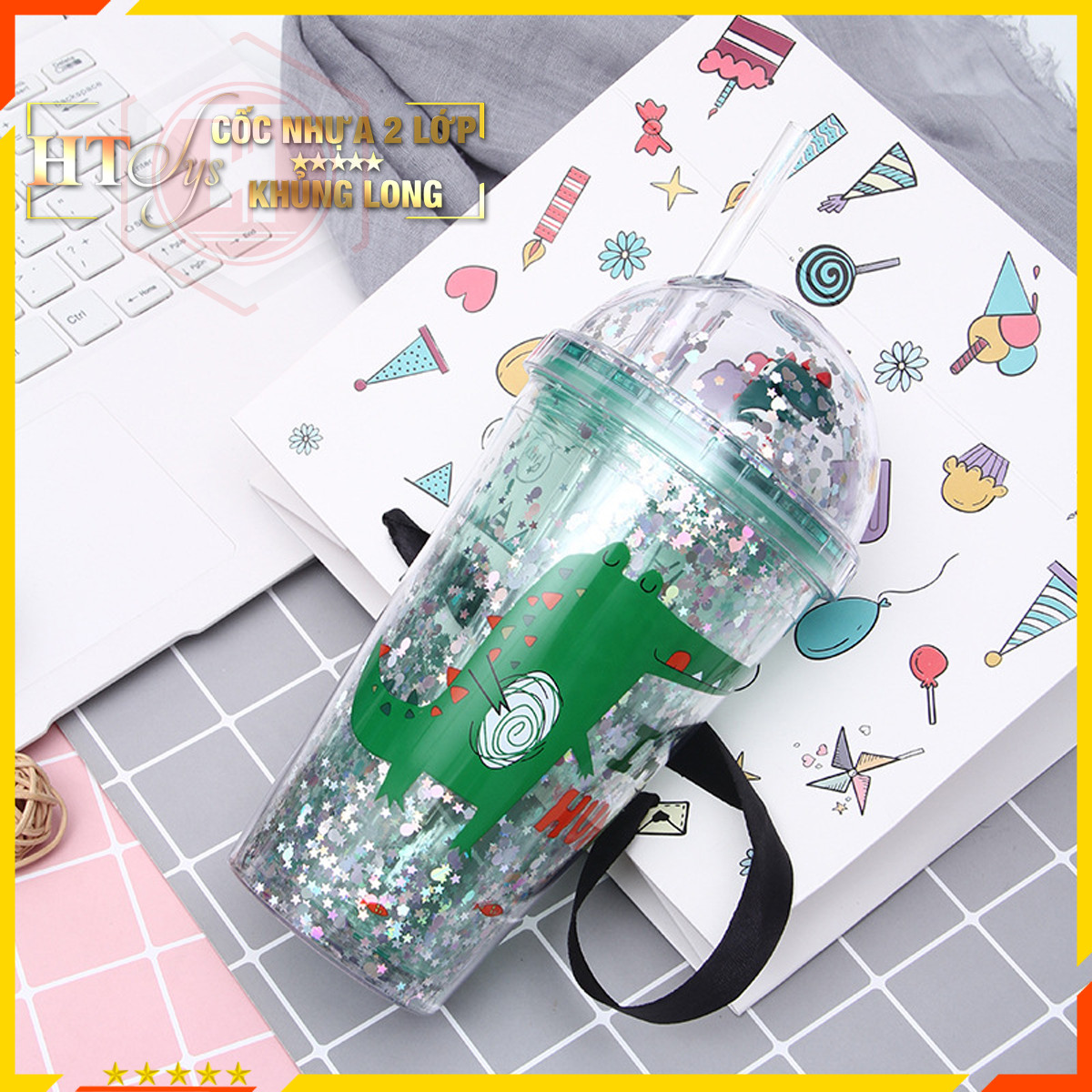 Cốc uống nước Khủng Long Cute 3D-HT SYS-430ml-Ly uống nước có nắp đậy và ống hút-Giao màu ngẫu nhiên