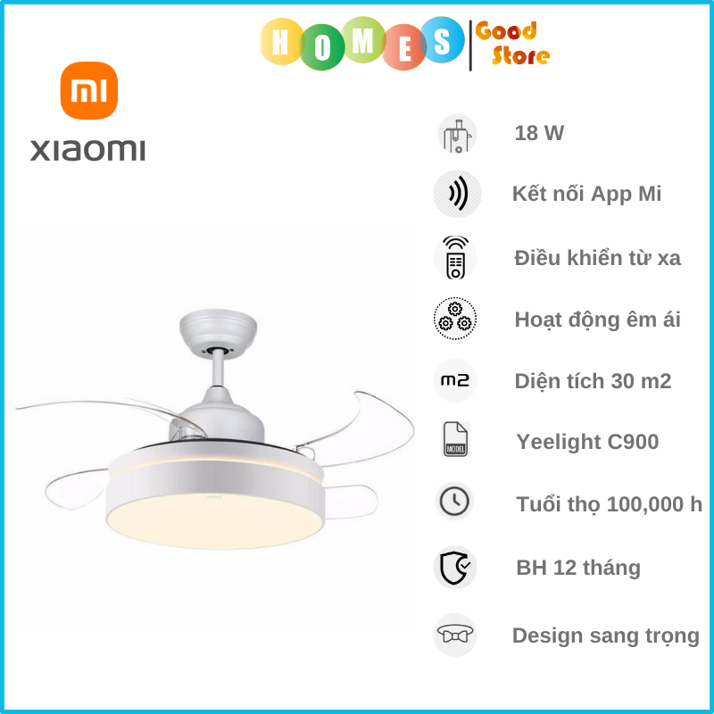 Quạt Trần Kèm Đèn LED Thông Minh XIAOMI Yeelight C900, 3 Chế Độ Quay, Kết Nối App Mihome, Phù Hợp Không Gian 20-25 m2, Công Suất 18W - Hàng Chính Hãng