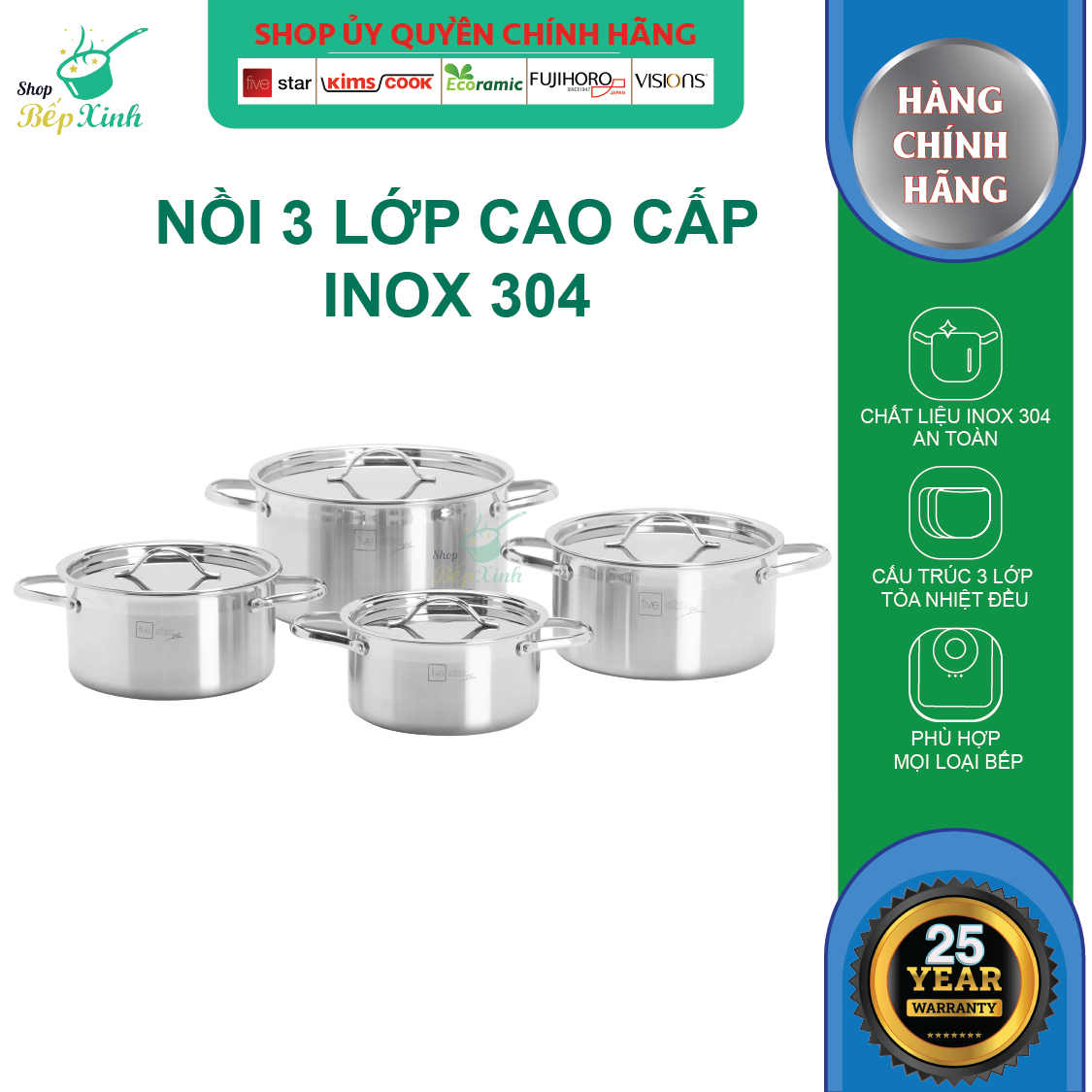 Bộ nồi inox bếp từ Fivestar 3 lớp đáy liền inox 304 nắp inox - tặng 1 vá canh