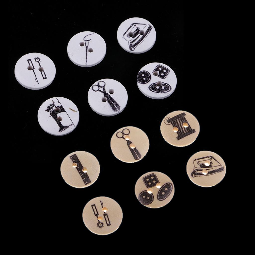 DIY 100Pcs 15mm Round Wood Button 2 Holes Mixed Pattern Sewing Accessories Craft Decoration