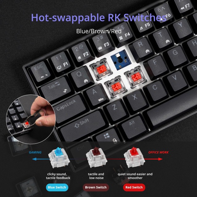 RK61 RGB HOTSWAP - Bàn phím cơ mini không dây 61 phím kết nối kết nối Dây, Bluetooth 5.1 và Wireless 2.4G - Hàng chính hãng