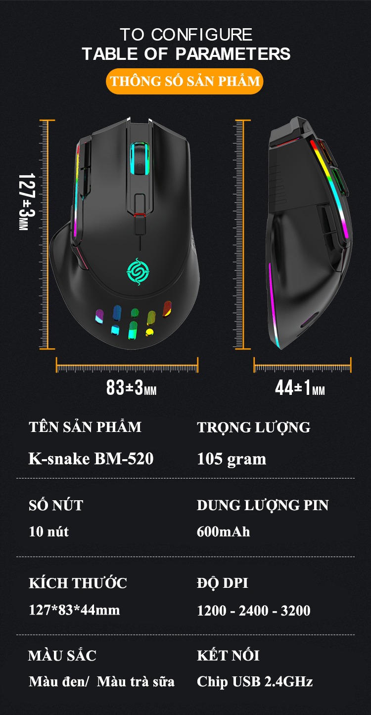 Chuột không dây K-snake BM-520 kết nối bằng chip USB 2.4GHz có led RGB nhiều chế độ màu và độ DPI lên đến 3200DPI