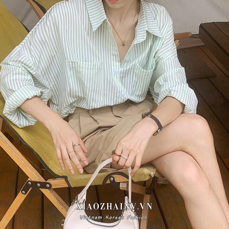 Áo sơ mi nữ form rộng dài tay kẻ sọc kiểu công sở vintage phong cách Hàn Quốc