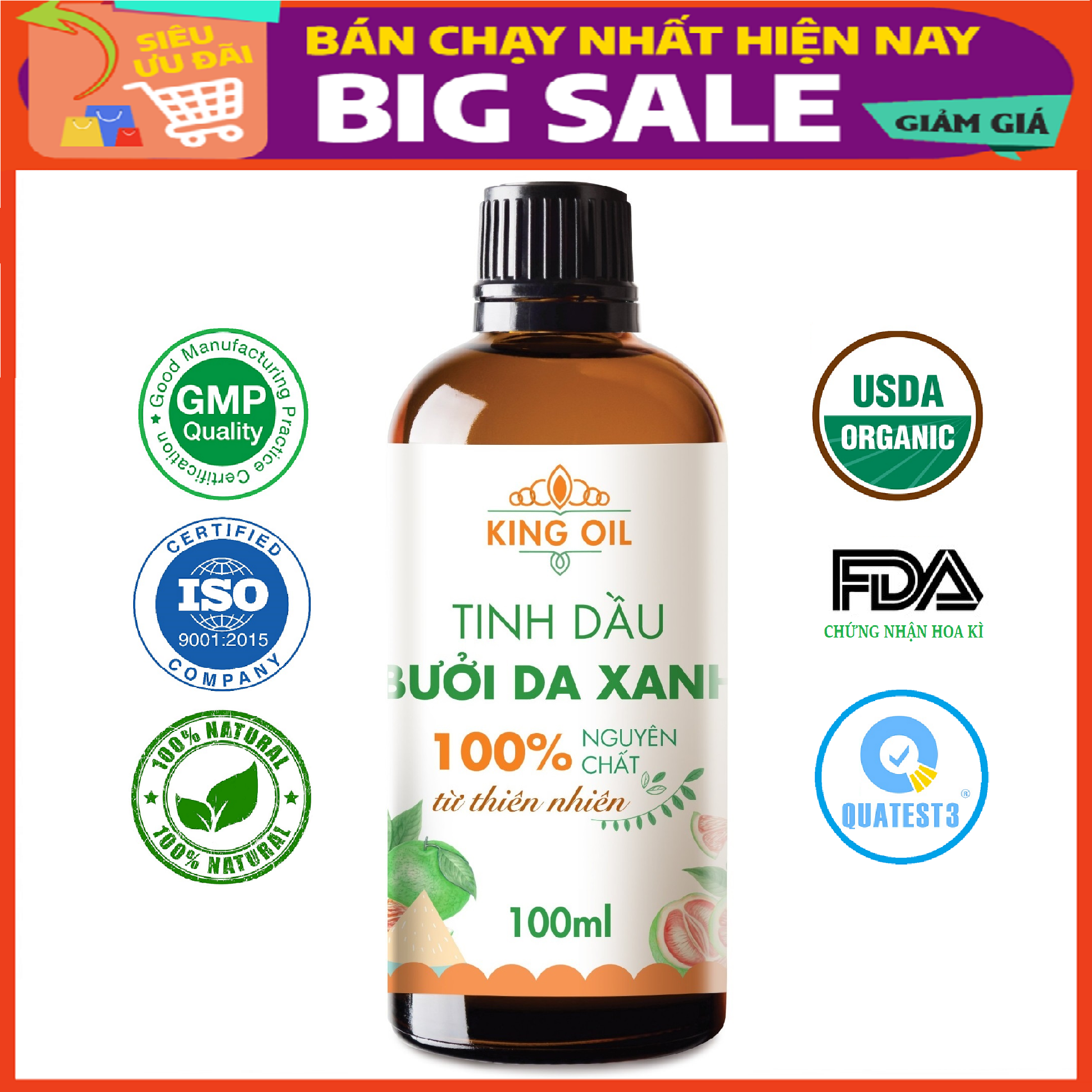 Tinh dầu Bưởi Da Xanh 100ml nguyên chất từ vỏ bưởi thiên nhiên, xông phòng, khử mùi, thơm phòng, đuổi muỗi - KingOil