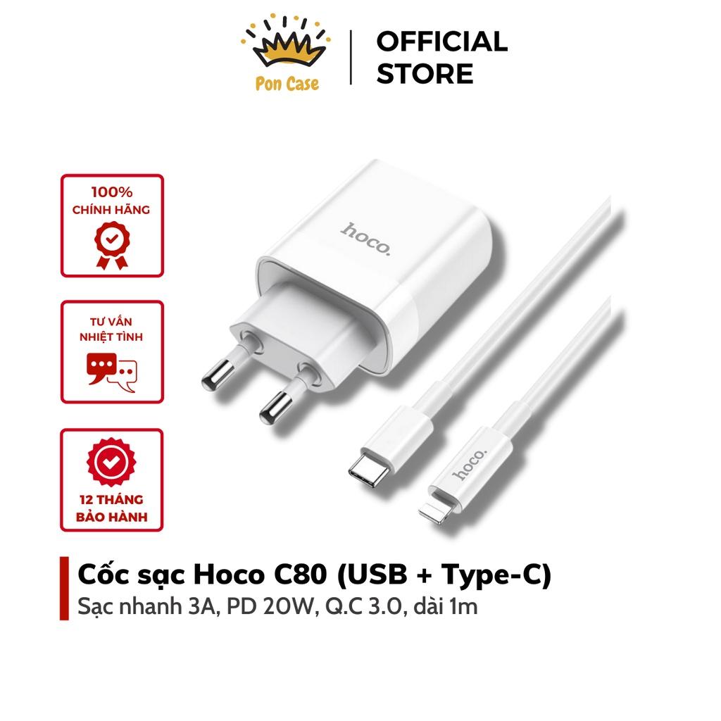 Bộ sạc PD 20W hoco. C80A – Hàng Chính Hãng 2 cổng ( USB + Type-C )  sạc nhanh 3A, Quick Charger 3.0 cho iPhone/iPad ( kèm dây 1m )