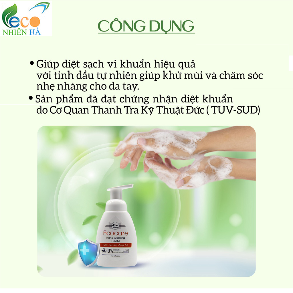 Nước rửa tay ECOCARE 250ml tinh dầu thiên nhiên, nước rửa tay tạo bọt, không khô da tay