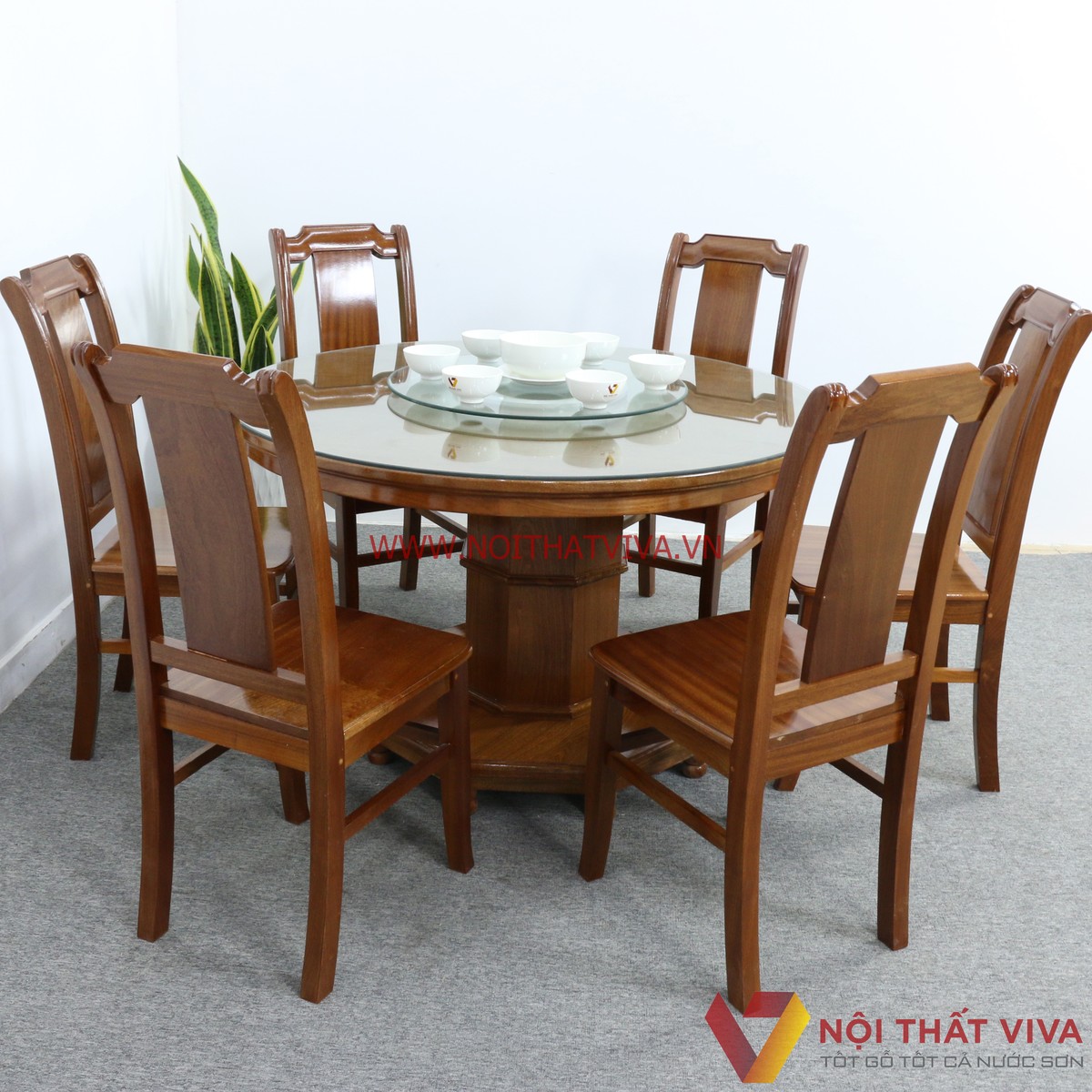 Bộ Bàn Ăn Gỗ Xoan Đào Tròn Mâm Xoay Cao Cấp