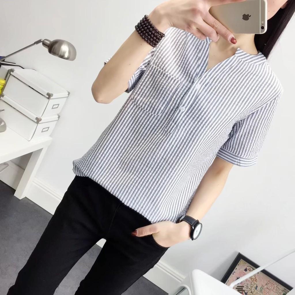 Áo sơ mi nữ Haint Boutique áo cổ tàu thiết kế kẻ sọc nhỏ s51