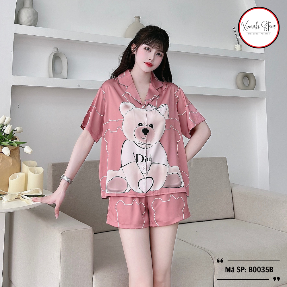 Bộ pijama áo cộc quần đùi hoạ tiết gấu kute 2 màu chất lụa cao cấp Xumaki Store BO035B