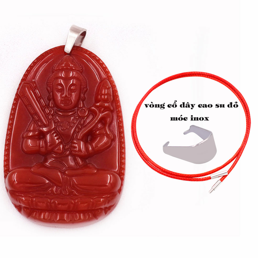 Mặt Phật Hư không tạng mã não đỏ 3.6 cm kèm móc và vòng cổ dây cao su đỏ, Mặt Phật bản mệnh, Quan âm nghìn tay nghìn mắt