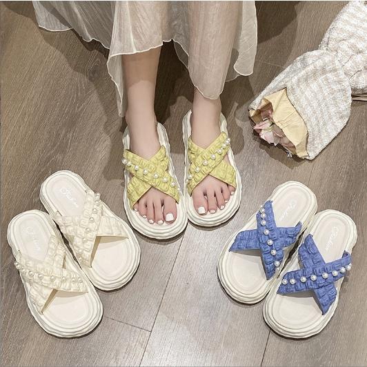 Dép Lê Quai Chéo Đính Ngọc Chống Nước Đế Bánh Mì Cao 4cm G173