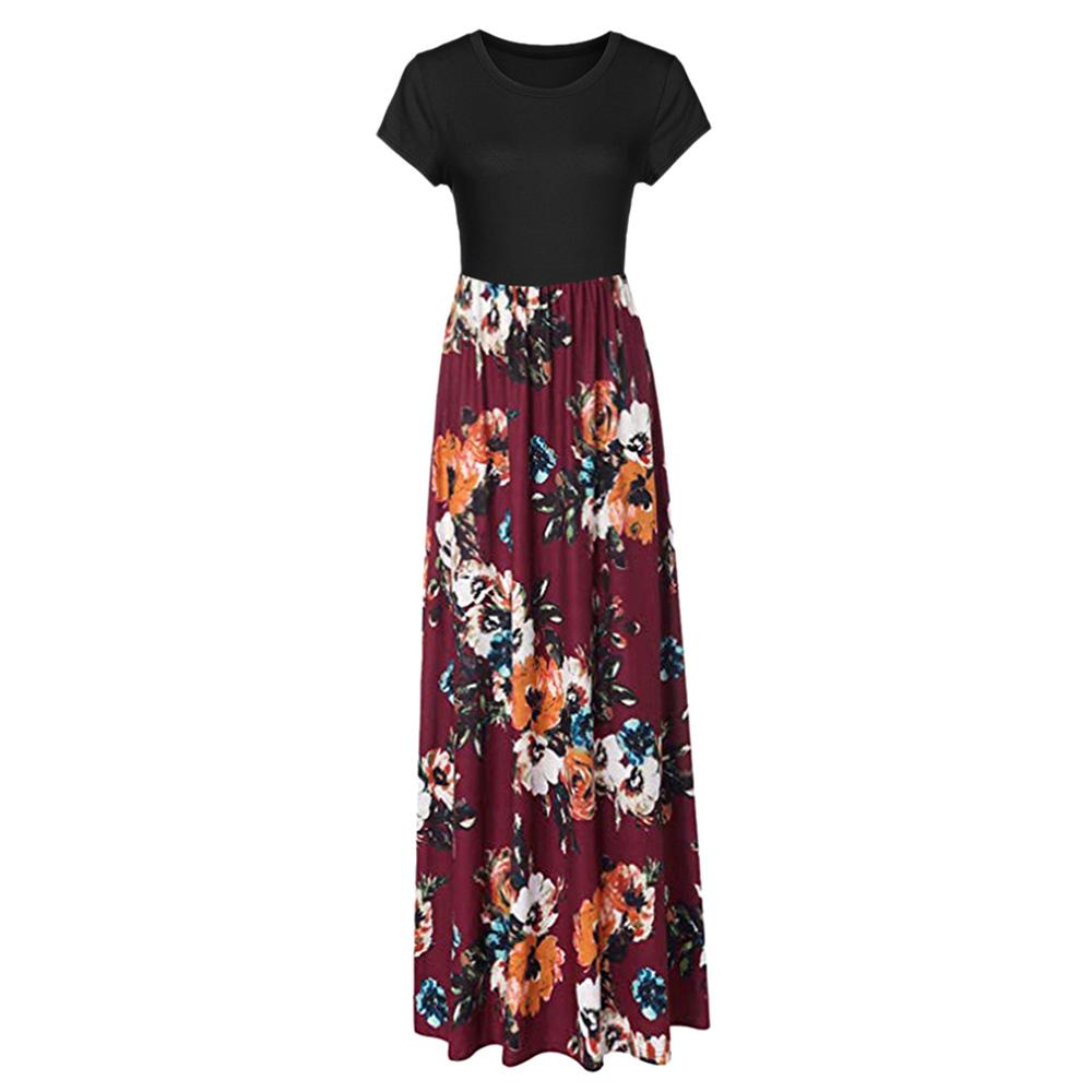 Women Plus Size Dress Retro Floral Print O Neck Short Sleeves Side Pockets Summer Casual Maxi Party Beach Dress