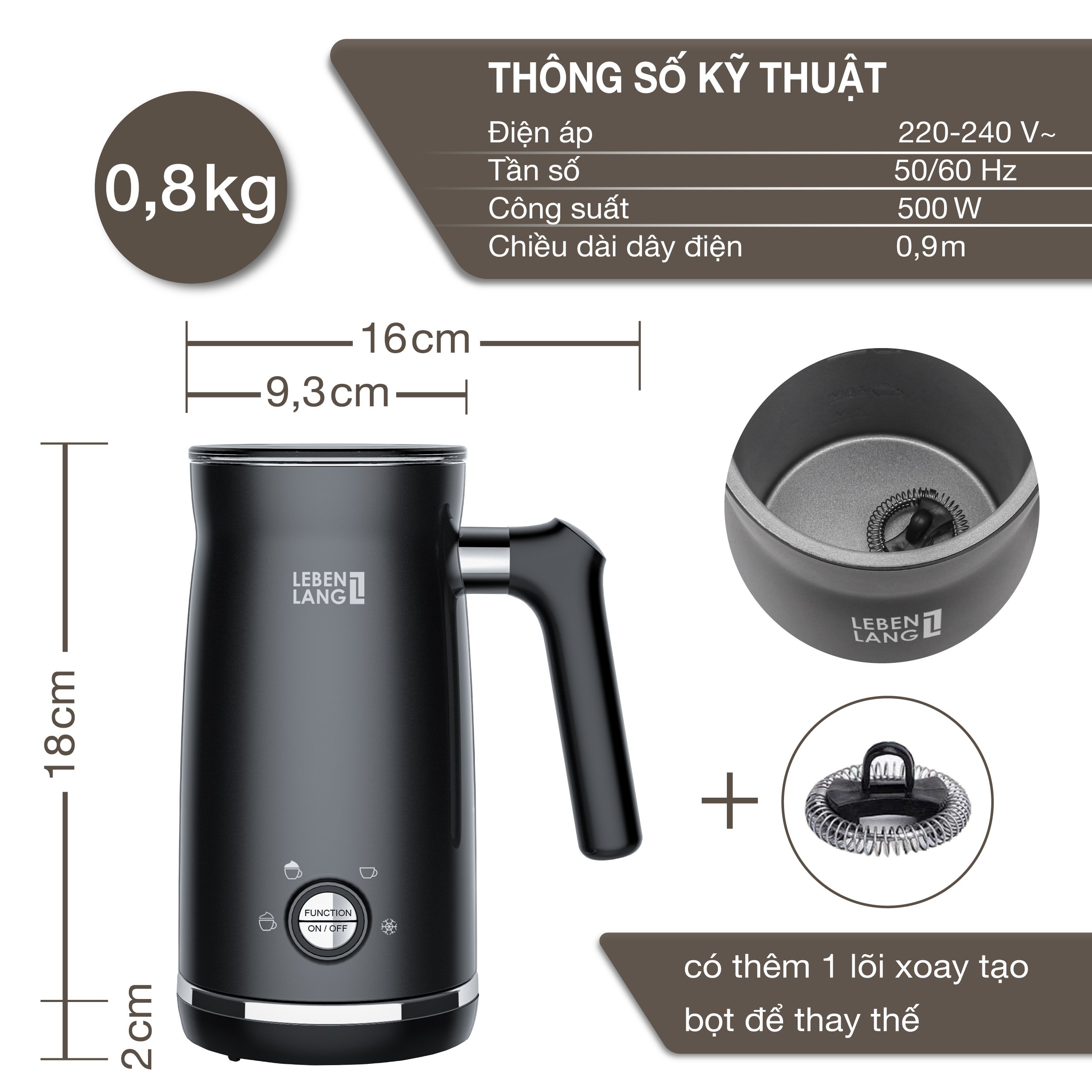 Máy tạo bọt cà phê, sữa LEBENLANG LBF3088 hâm nóng và tạo bọt sữa, dung tích 300ml - hàng chính hãng