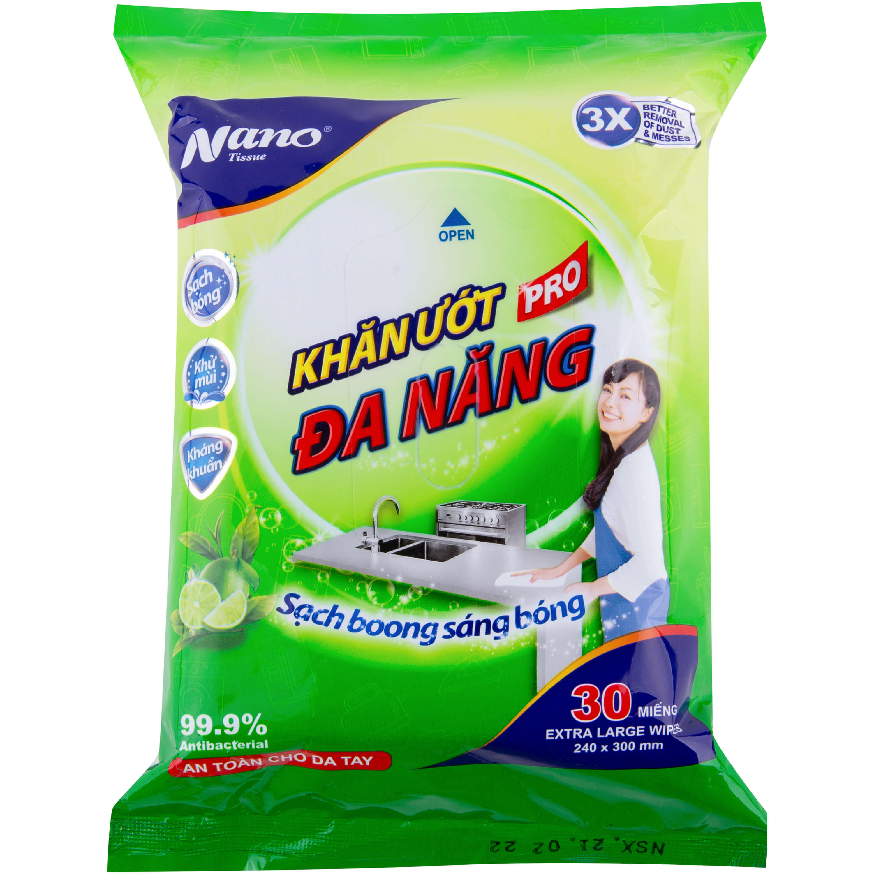 Khăn ướt đa năng Nano gói 30 miếng, lau dọn nhà cửa tiện dụng, không hại da tay, có mùi thơm chanh trà xanh