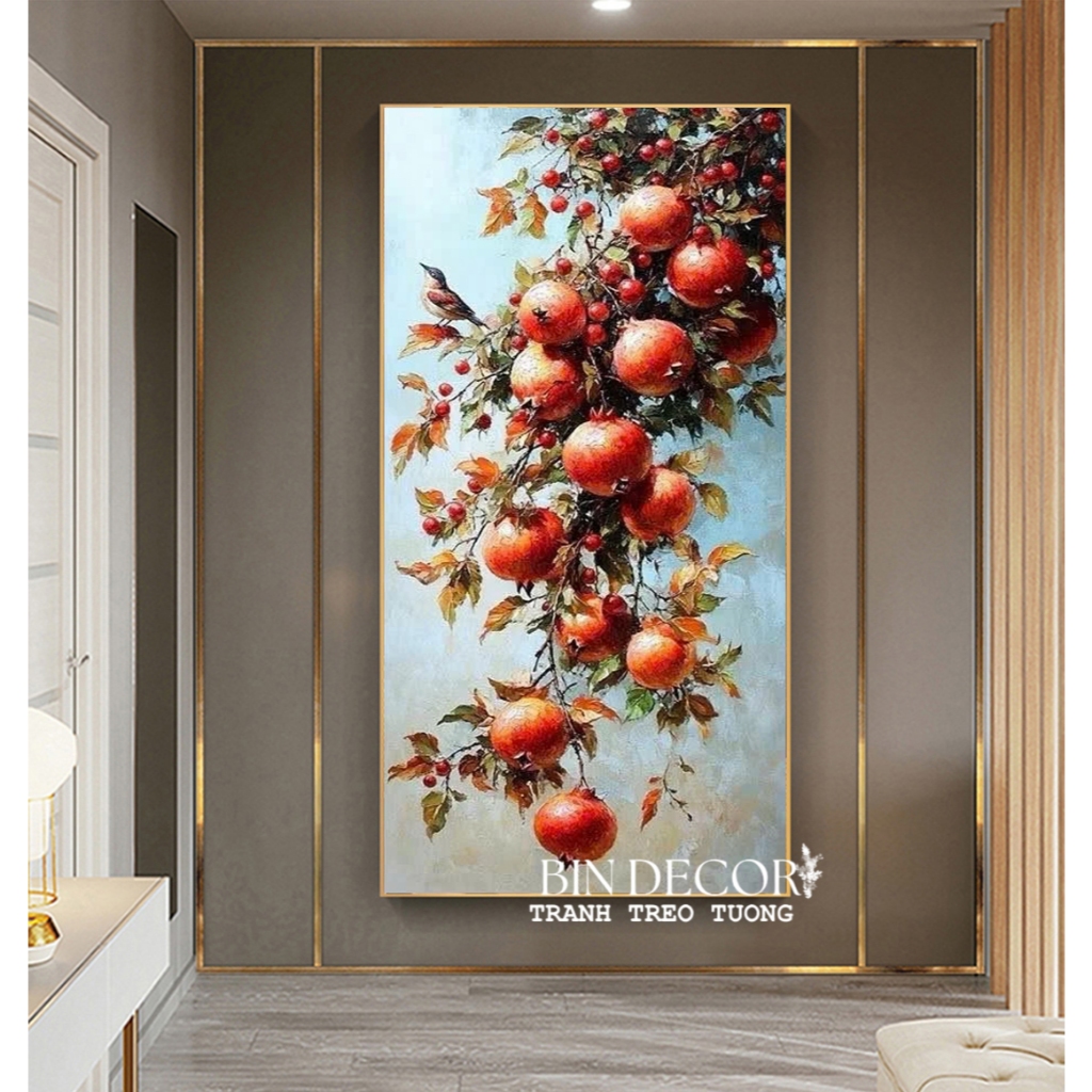 (HCM) Tranh treo tường tráng gương cành lựu may mắn 2 trang trí phòng khách,nhà hàng, khách sạn