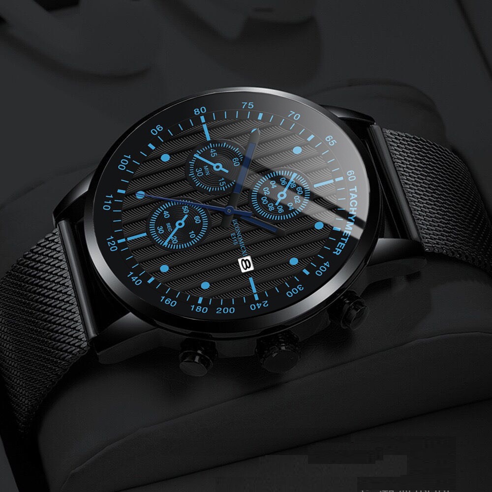 Đồng hồ nam ECONOMICXI dây thép mành đen có lịch ngày - Thiết kế cá tính EMX26