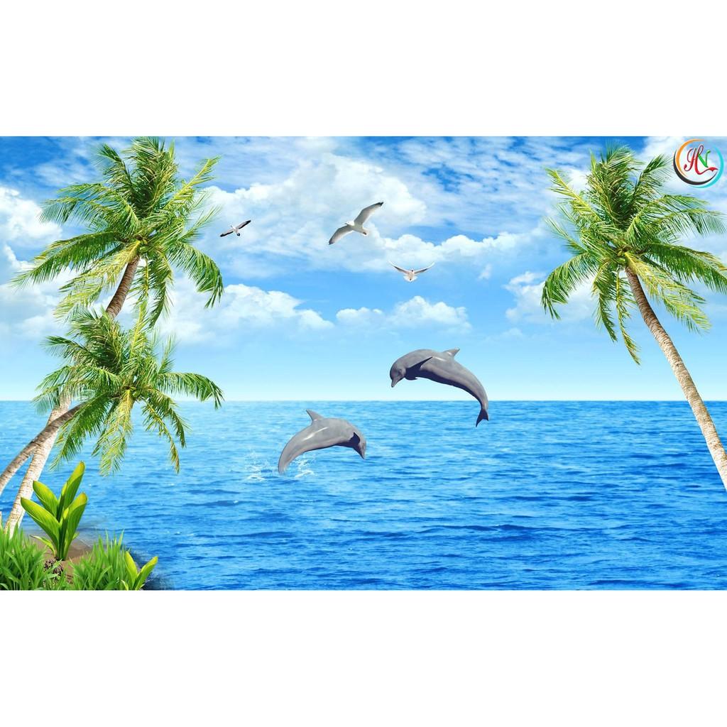 Tranh dán tường 3D cảnh biển cá heo - vải lụa phủ kim tuyến