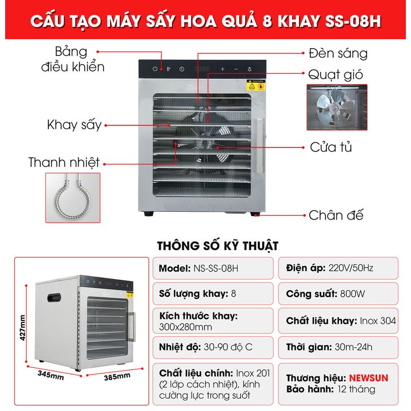 Máy sấy hoa quả 2 lớp 8 khay SS-08H (bảng điện tử) NEWSUN - Hàng chính hãng