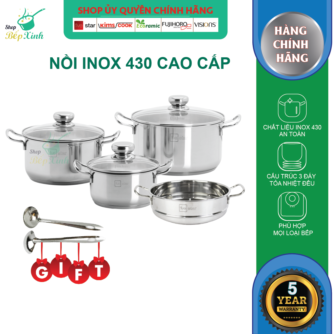 Bộ nồi inox Fivestar 4 chiếc nắp kính 3 đáy, inox 430 , dùng được bếp từ , gas, hồng ngoại