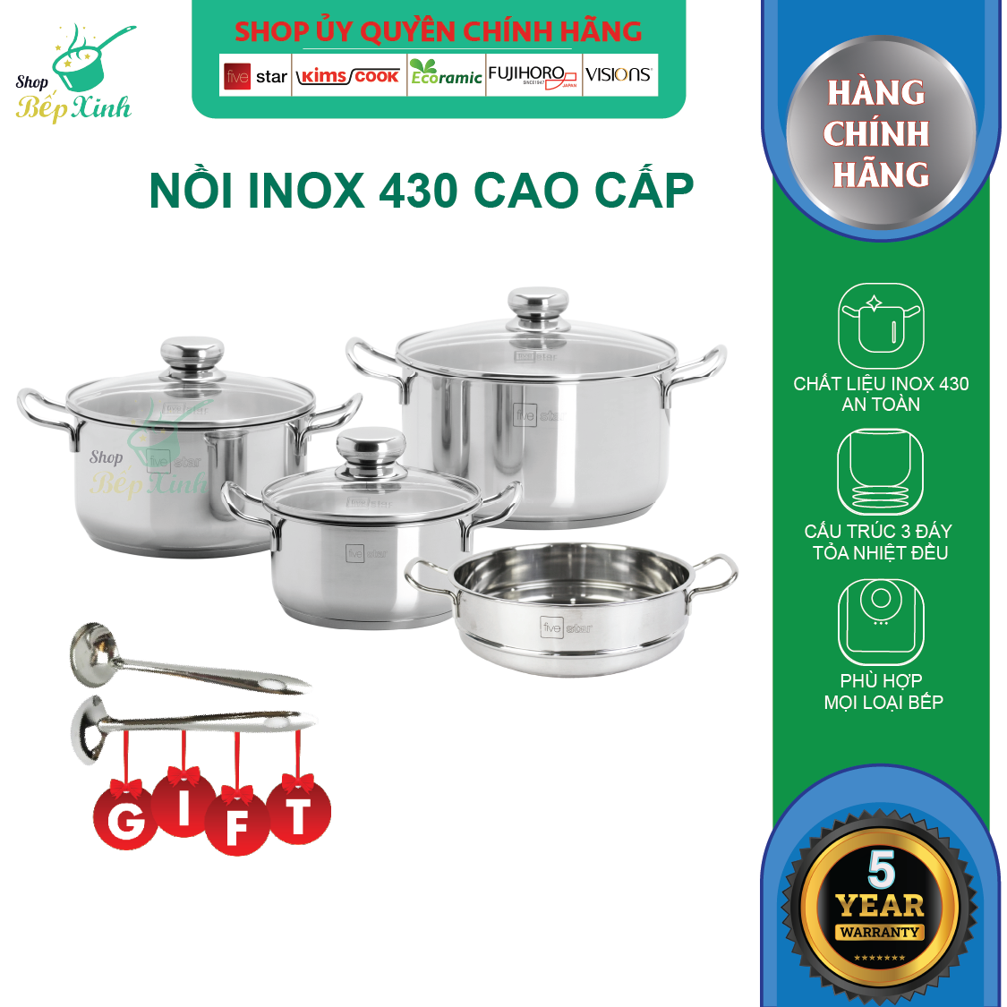 Bộ nồi xửng Fivestar 4 món nắp kính tặng 2 vá canh