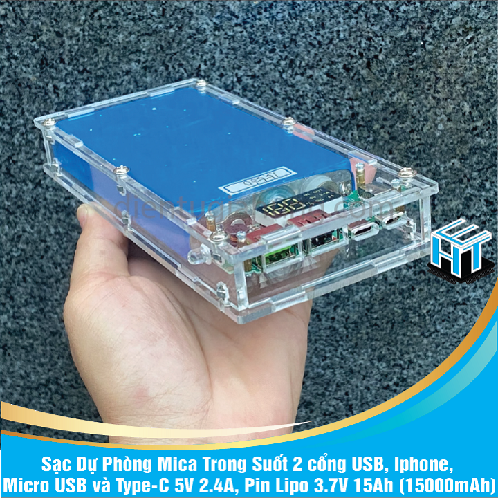 Sạc Dự Phòng Mica Trong Suốt 2 cổng USB, Ip, Micro USB và Type-C 5V 2.4A, Pin Lipo 3.7V 15Ah