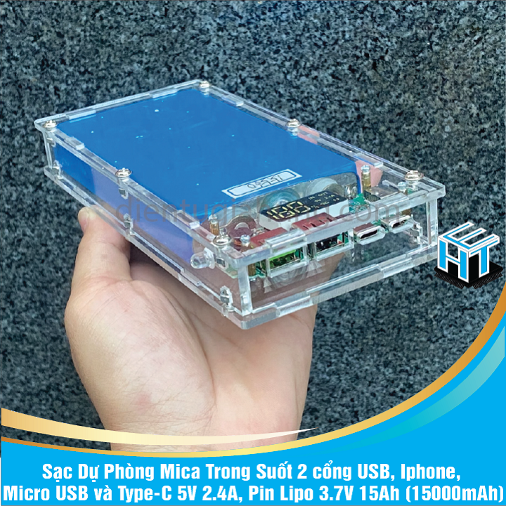 Sạc Dự Phòng Mica Trong Suốt 2 cổng USB, Ip, Micro USB và Type-C 5V 2.4A, Pin Lipo 3.7V 15Ah (15000mAh)