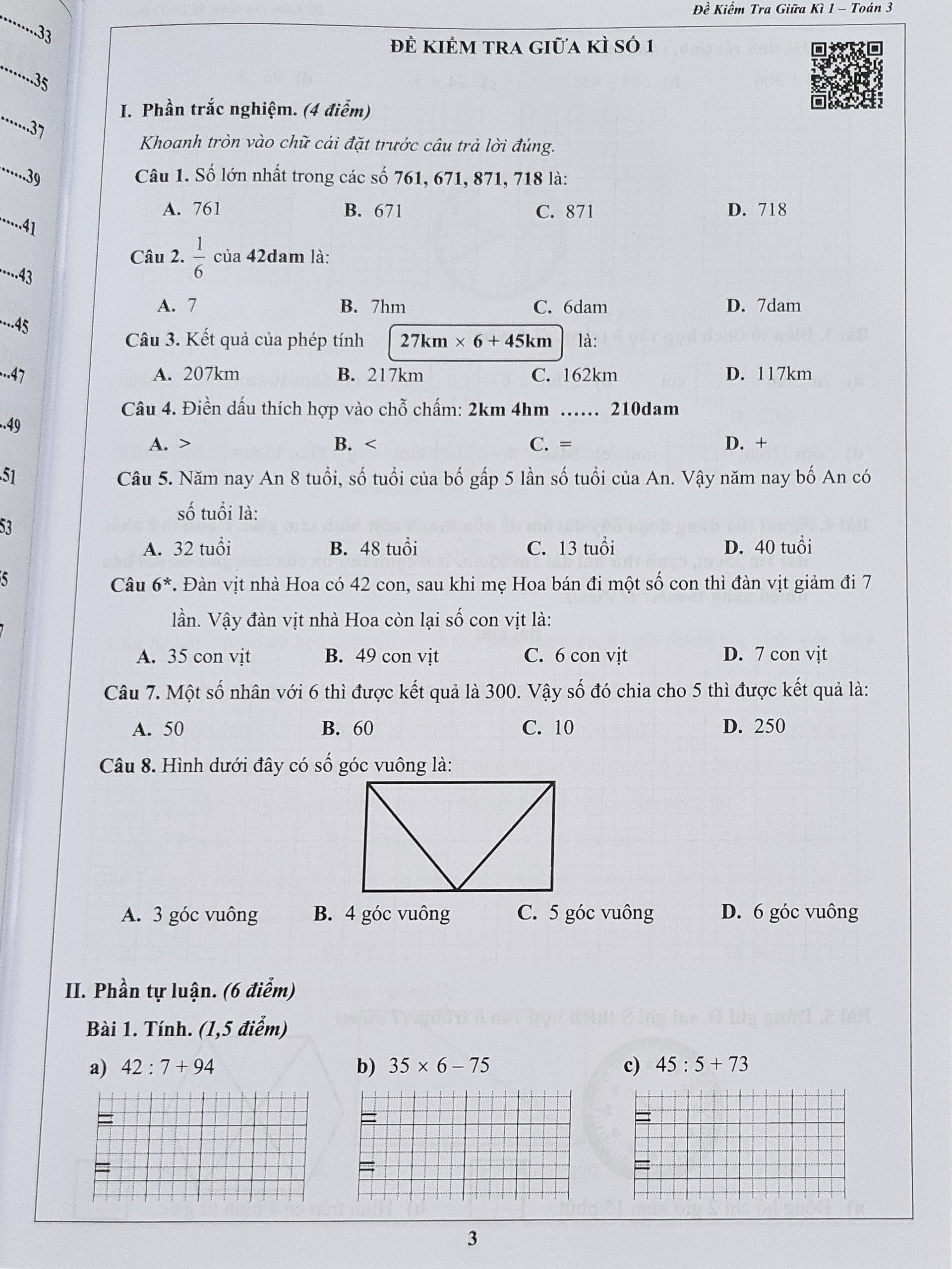 Combo Sách - Đề kiểm tra Toán 3 học kì I + II