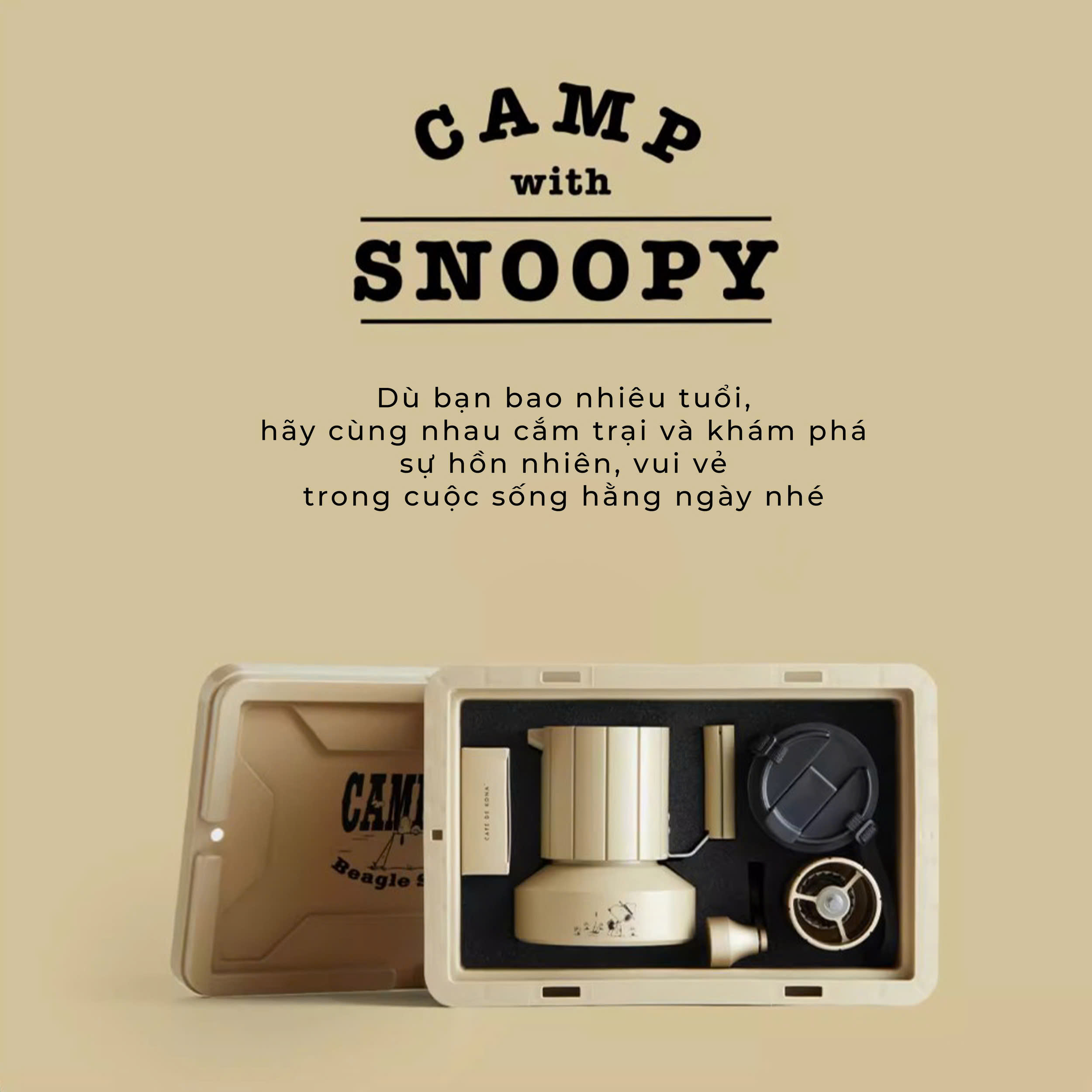 Bộ combo camping pha cà phê moka SNOOPY dã ngoại phượt có thùng Cafede Kona