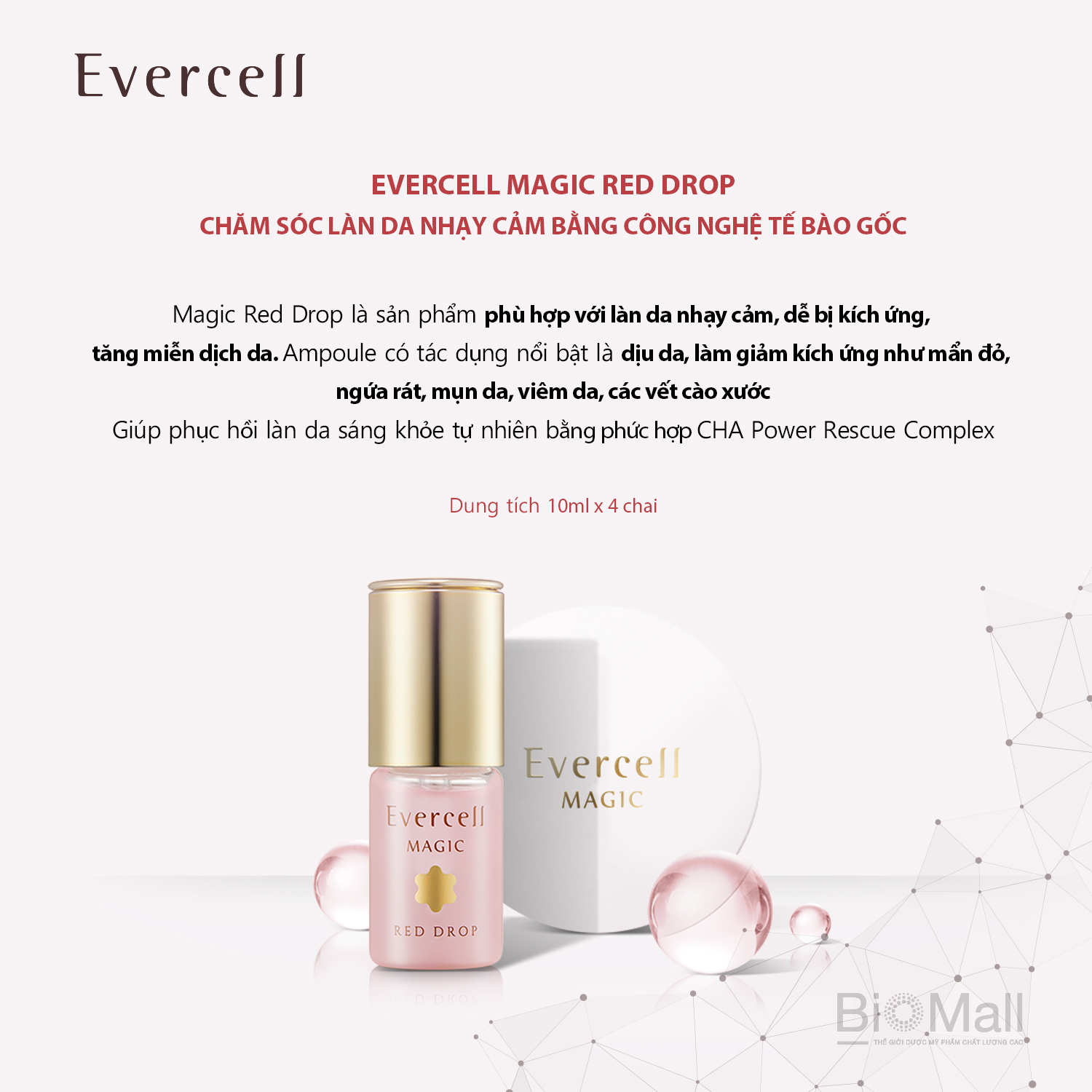 Ampoule đỏ thần kỳ miễn dịch phục hồi da bị viêm mụn nhạy cảm EVERCELL Magic Red Drop 4chaix10ml