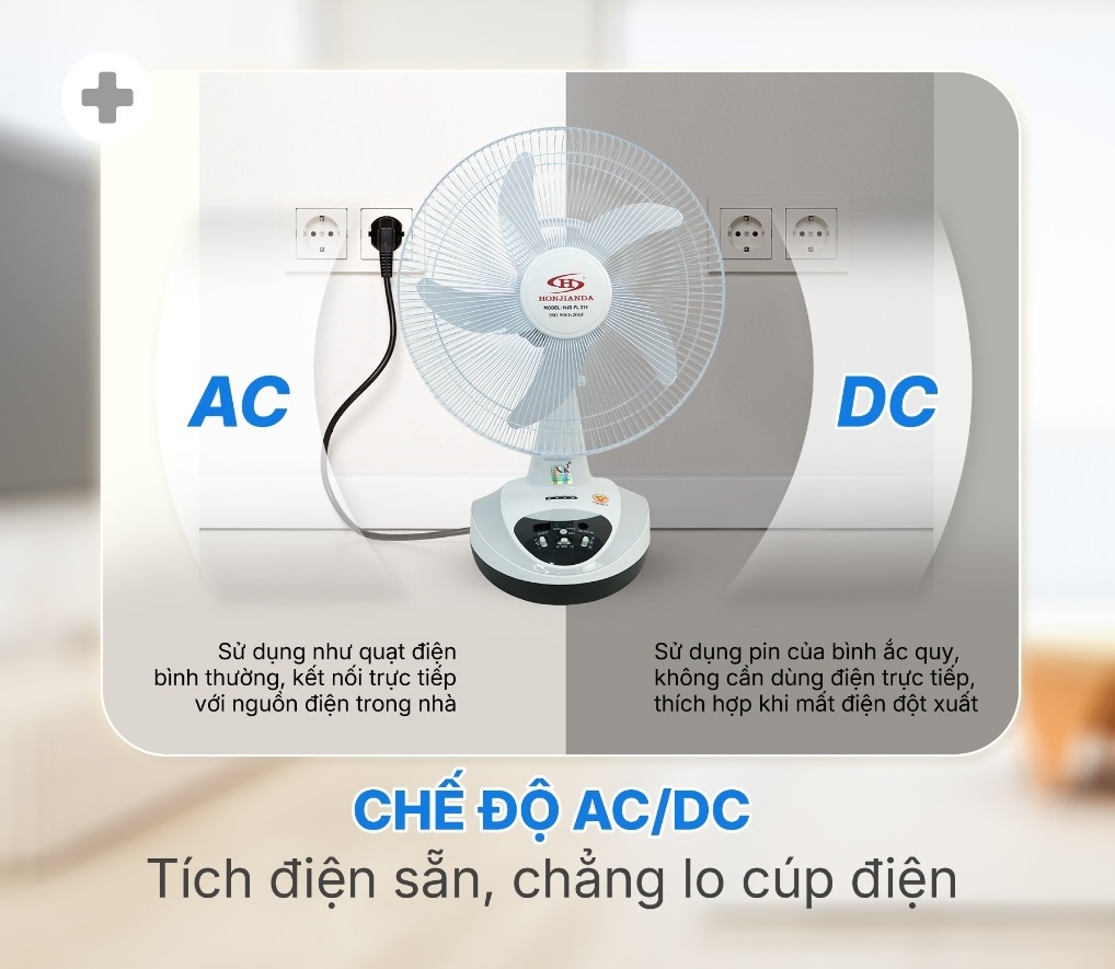 Quạt Sạc Tích Điện để bàn AC&amp;DC 14 inch Honjianda FL314 có đèn LED &amp; sạc USB - Hàng Chính Hãng