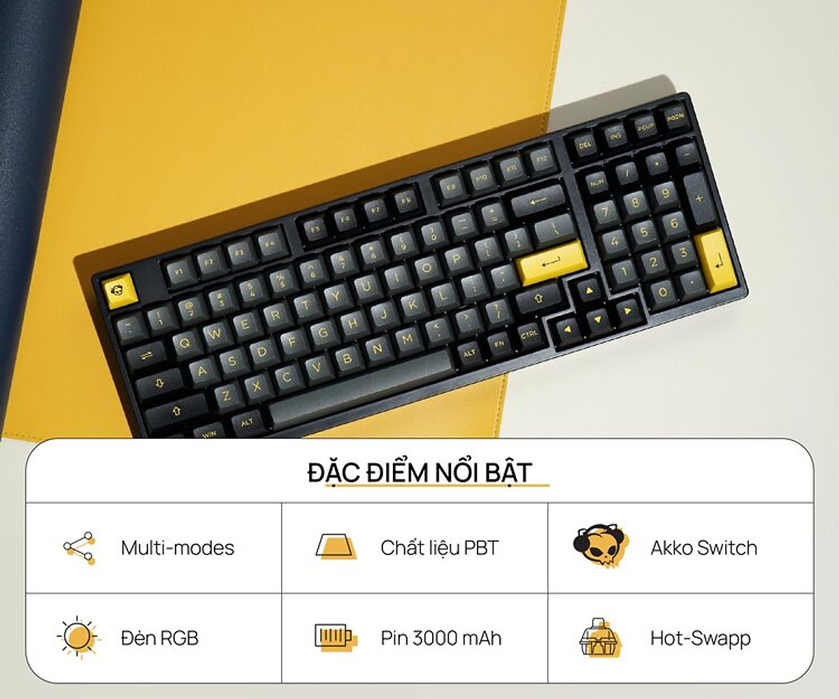 Bàn Phím Cơ Máy Tính Không Dây - AKKO 3098N Multi-modes Black Gold| Bluetooth5.0| 2.4Ghz| Hotswap| Foam Tiêu Âm| Foam Đáy| AKKO x TTC Switch| Chuyên Game| Hàng Chính hãng