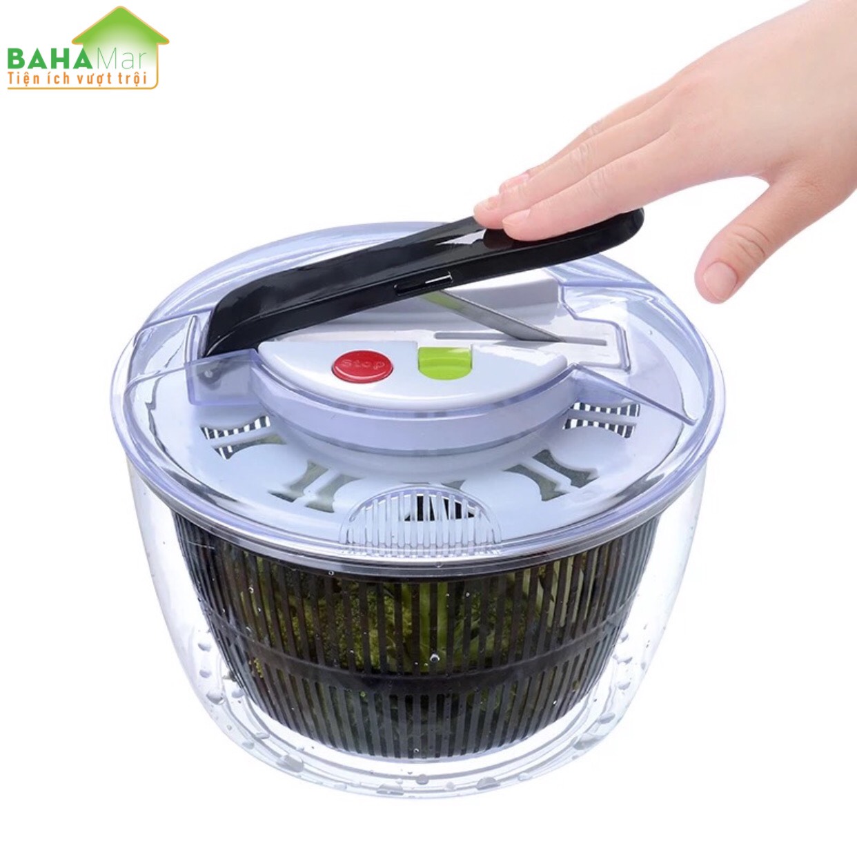 CHẬU ĐA NĂNG RỬA VÀ QUAY VẮT KHÔ RAU CỦ QUẢ THEO NGUYÊN LÝ ĐÒN BẨY có thể xoay nhiều món salad và rau tại cùng thời gian, tay nắm ấn đẩy có thể dễ dàng làm sạch và làm khô rau.
