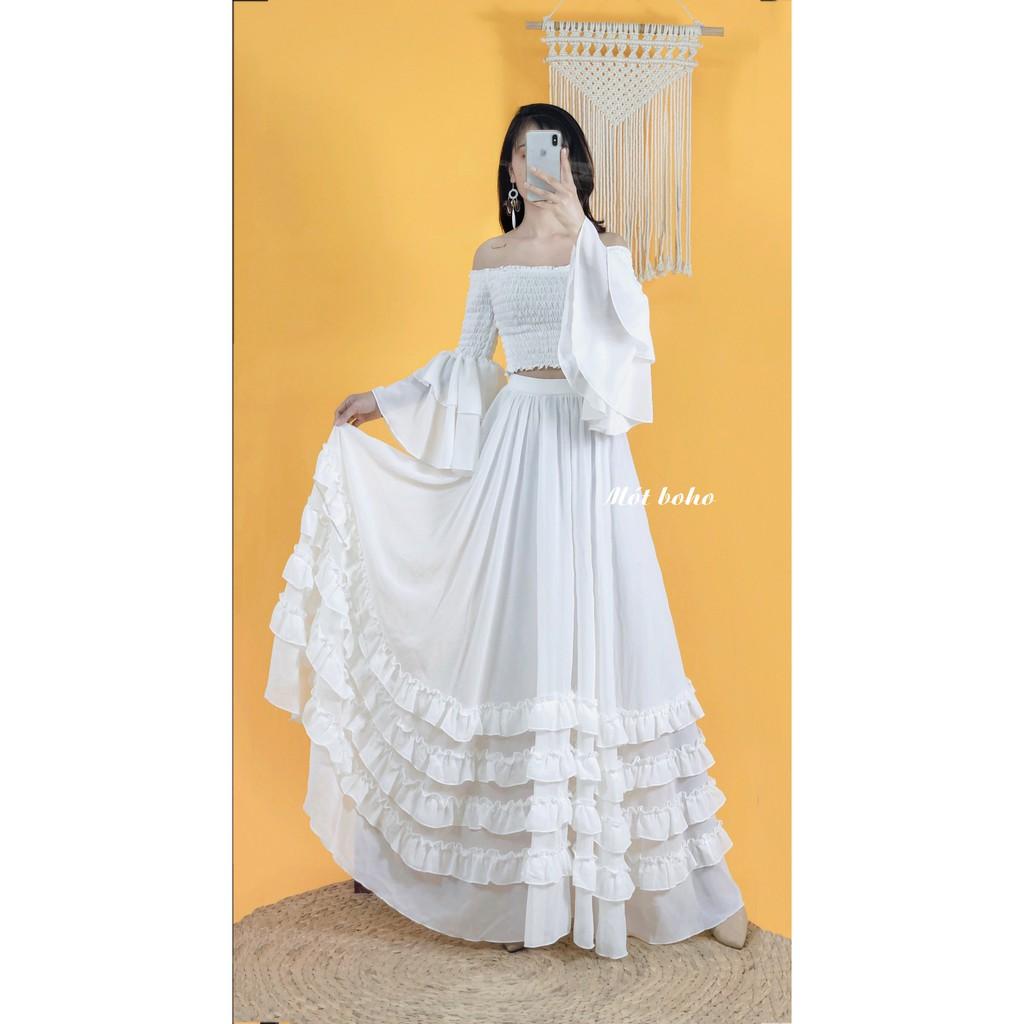 Áo voan trễ vai nhún ngực tay loe