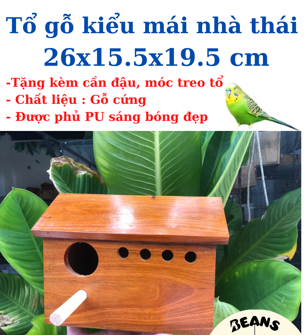 Tổ gỗ mái nhà mẫu dài dành cho chim yến phụng, bạc má, lovebird,...có lõm gom trứng tặng kèm móc treo tổ