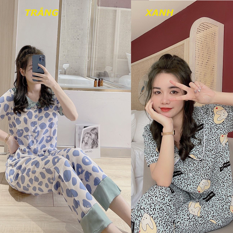 Bộ pijama lụa ngắn tay hình họa tiết cho nữ SETN502