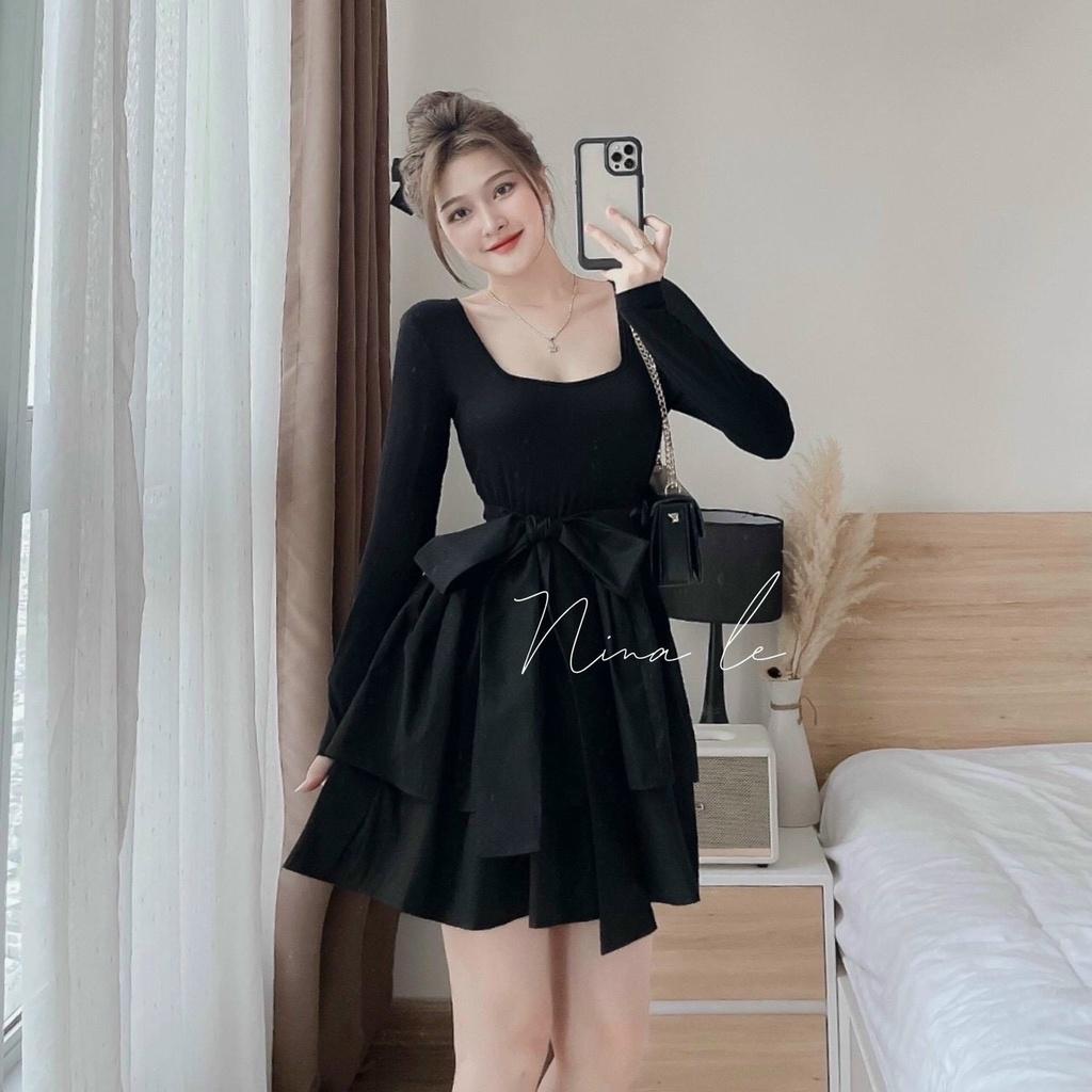 FREE SHIP Sét Bộ Đồ Nữ Áo Chất Vải Borip Dài Tay Kèm Chân Váy Cotton Lạnh Cột Nơ Thiết Kế Sang Chảnh KIM GIA DS