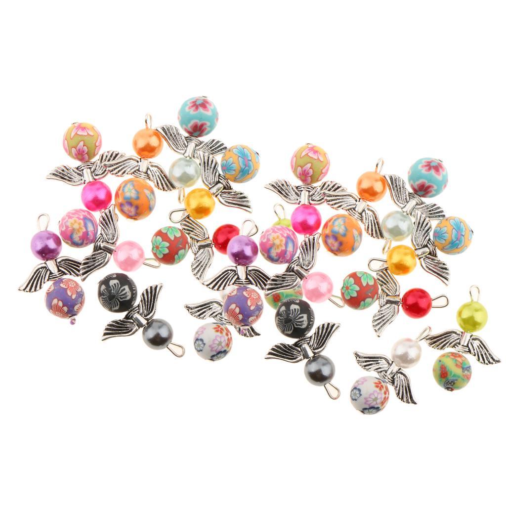20 Pieces Colored Pearl Charms Angel Wings Polymer Clay Round Bead Metal Charms For DIY Pendant Necklace Bracelet Jewelry Making Crafts