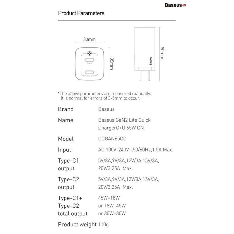 Củ sạc siêu nhanh Baseus GaN2 Lite Quick Charger 65W (Type C+ USB) - Hàng Chính Hãng