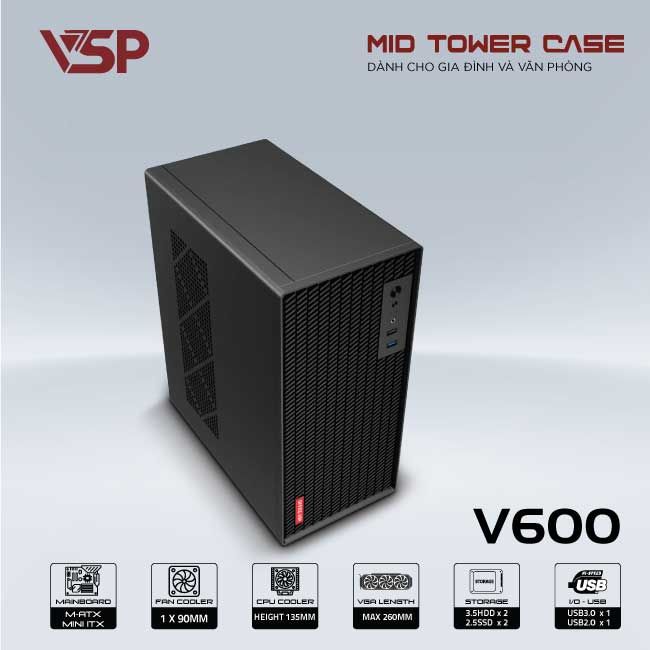 Vỏ máy tính Case VSP V600 [ĐEN] (Mid-Tower/ M-ATX/ Mini-ITX) - Hàng chính hãng VSP phân phối