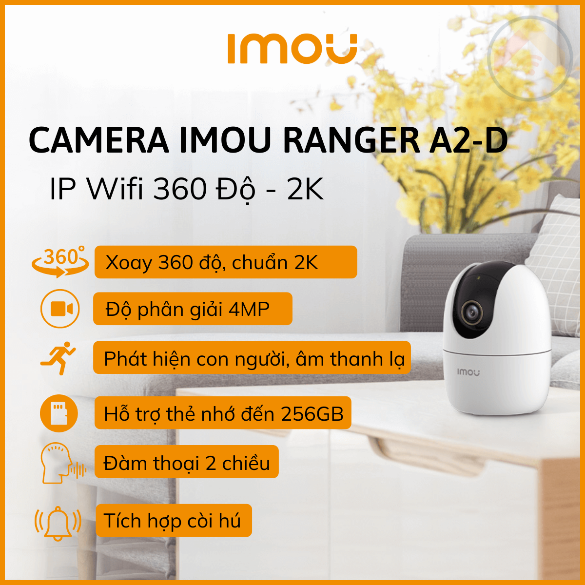 Hàng chính hãng Camera giám sát IMOU Ranger A42P Kèm thẻ nhớ 64GB Wifi 4MP H264 xoay 360độ đàm thoại 2 chiều