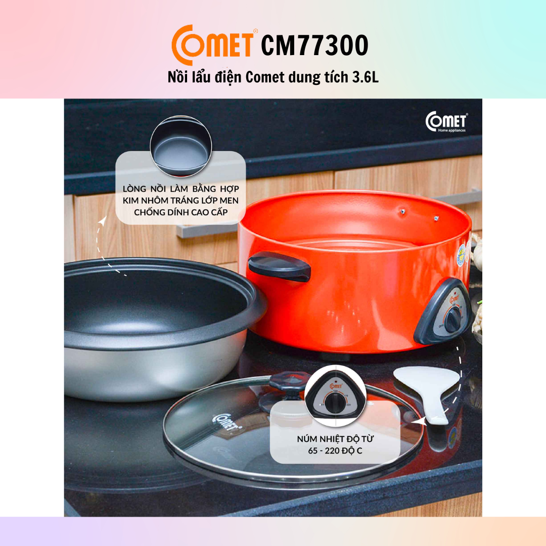 Nồi lẩu điện Comet CM7730 (Dung tích 3.6L) - Hàng Chính Hãng - Bảo Hành 12 Tháng