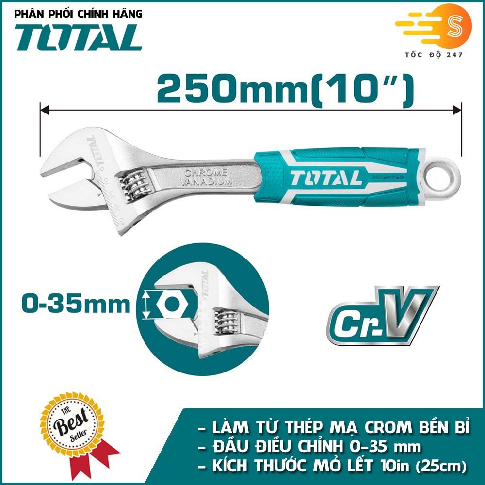 Mỏ lết làm từ thép mạ crom có khóa 6 inches - 10 inches TOTAL - THT101066, THT101106 mỏ lếch siêu bền, tay cầm cao cấp thế hệ mới