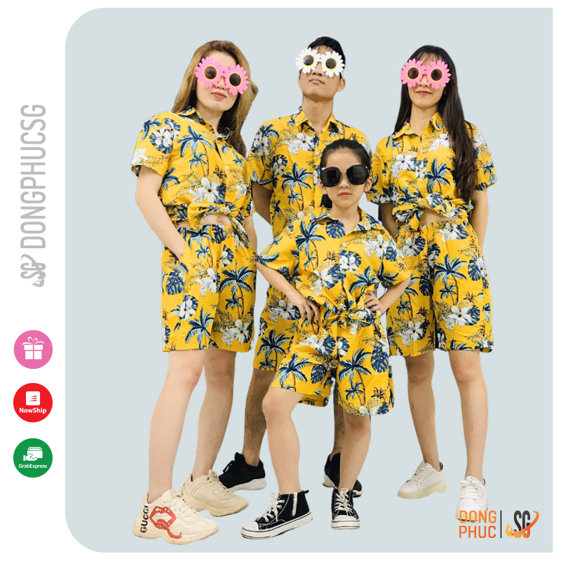 Đồ đi biển nam nữ cặp đôi gia đình nguyên set áo quần hoạ tiết hoa lá chất Kate Thái dày dặn | DONGPHUCSG